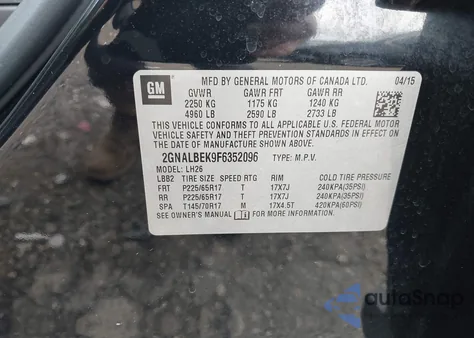 2015 Chevrolet Equinox 1Lt from USA, damaged, VIN 2GNALBEK9F6352096